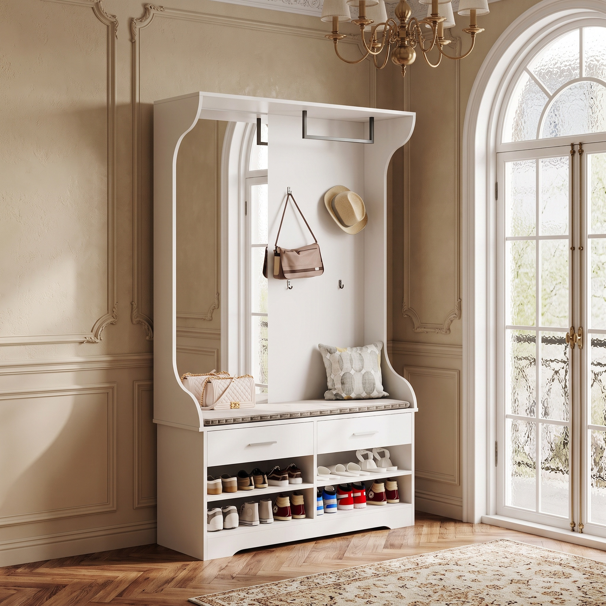 Garderoben-set 104x35x180 Cm, Multifunktionale Flurgarderobe Mit Schuhablage Und 2 Schubladen, 4 Robuste Haken, Mit Spiegel, Weiß