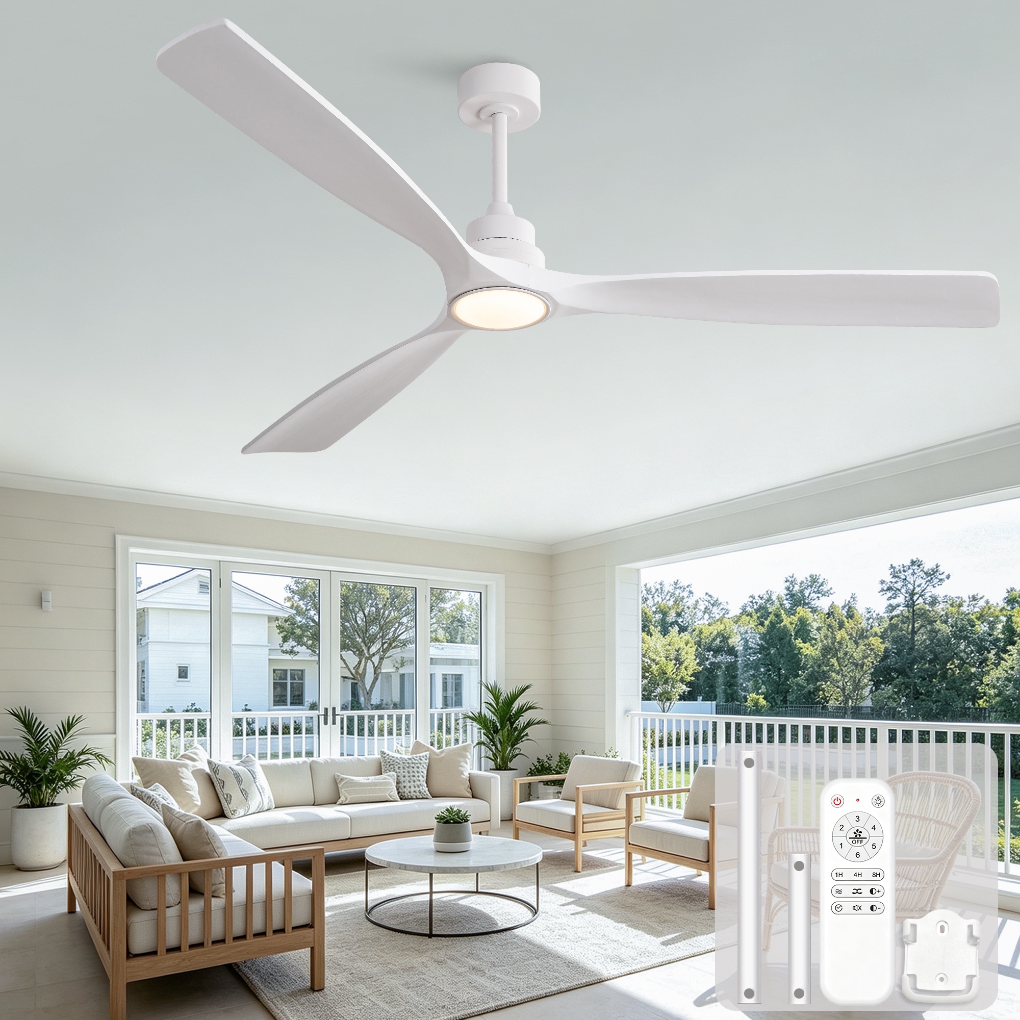 Deckenventilator Mit Led-licht, Großer Leiser Deckenventilator Mit Fernbedienung Für Große Wohnzimmer, Massivholz Und Metall, 177 Cm, 3 Flügel, Weiß