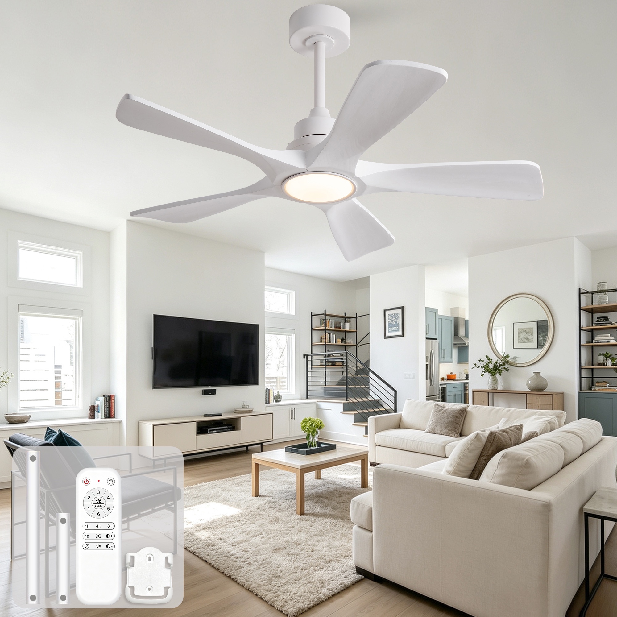 Deckenventilator Mit Led-licht, Leise Für Schlafzimmer Und Wohnzimmer, Mit Fernbedienung, 5 Reversible Massivholzflügel, 106 Cm / 42 Zoll, Weiß