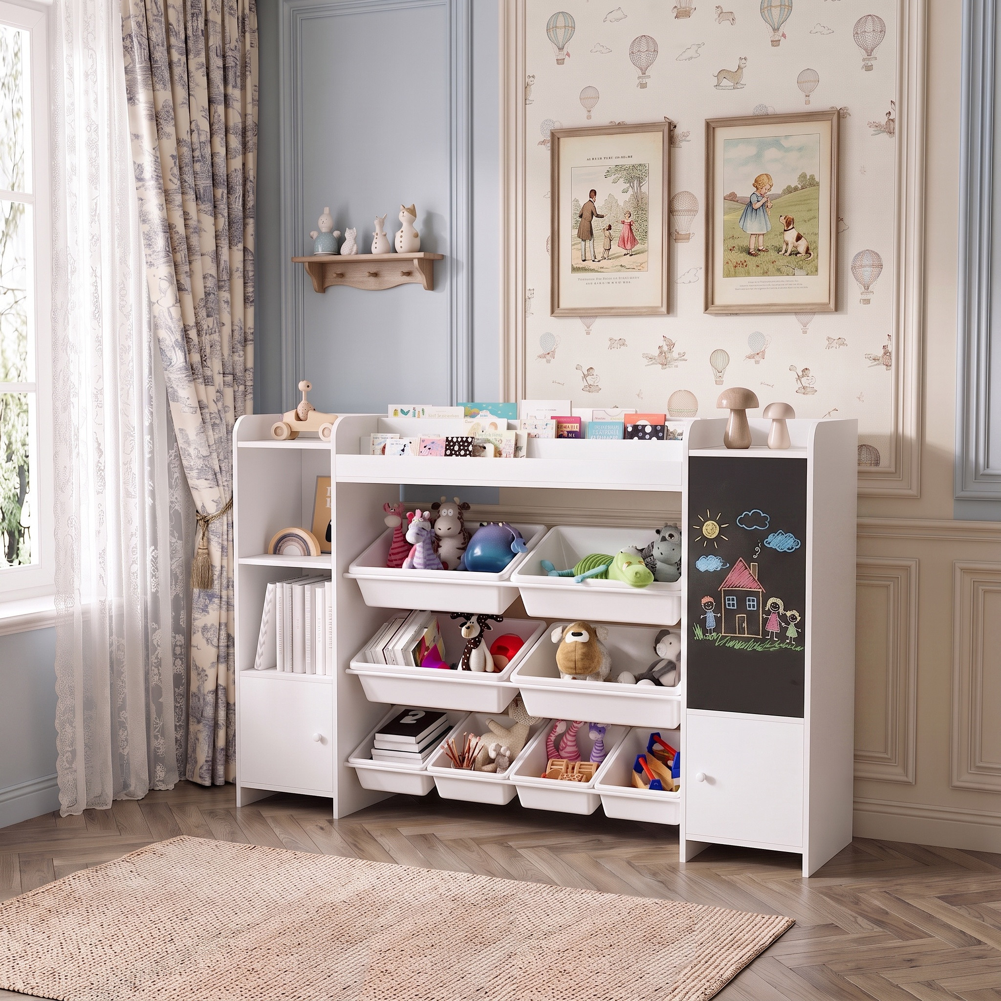 Kinderregal 137x30x95 Cm, Aufbewahrungsregal Für Kinder, Bücherregal Mit 8 Herausnehmbaren Boxen Und Tafel Für Kinderzimmer, Weiß