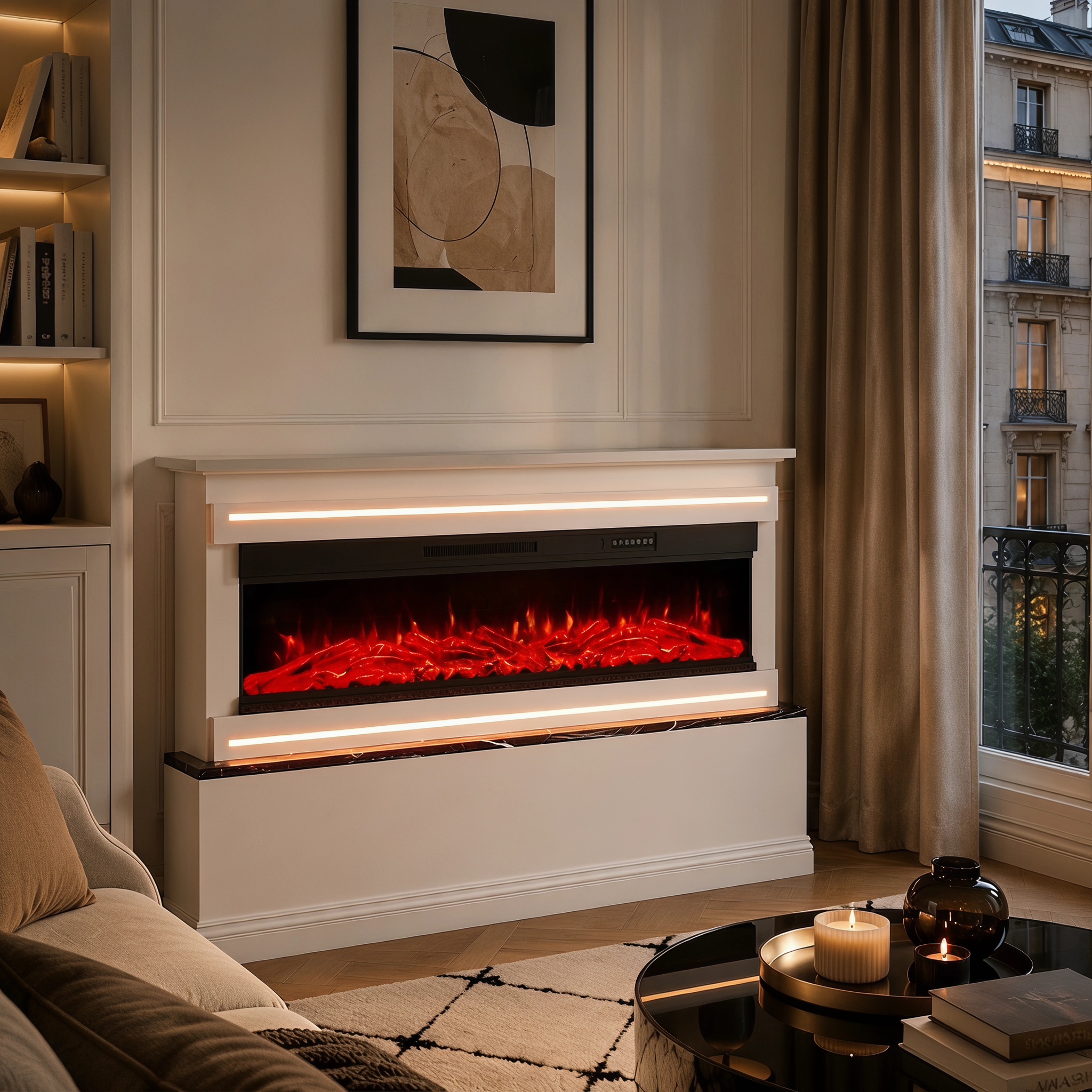 Elektrischer Wandkamin 60 Zoll, 750/1500 W Heizfunktion, Realistischer Holzscheit-flammeneffekt In 12 Farben Mit Led, Fernbedienung Und Timer, Weiß