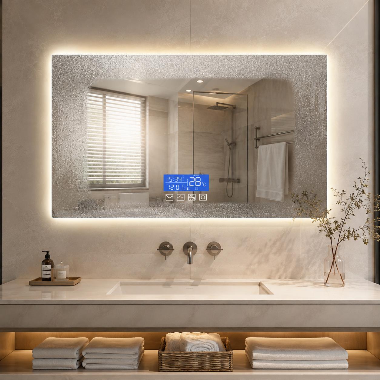 Led-badezimmerspiegel, Intelligenter Beschlagfreier Touch-spiegel Mit Digitalanzeige Für Uhrzeit Und Temperatur, Rahmenlos, Rechteckig, 100x60 Cm