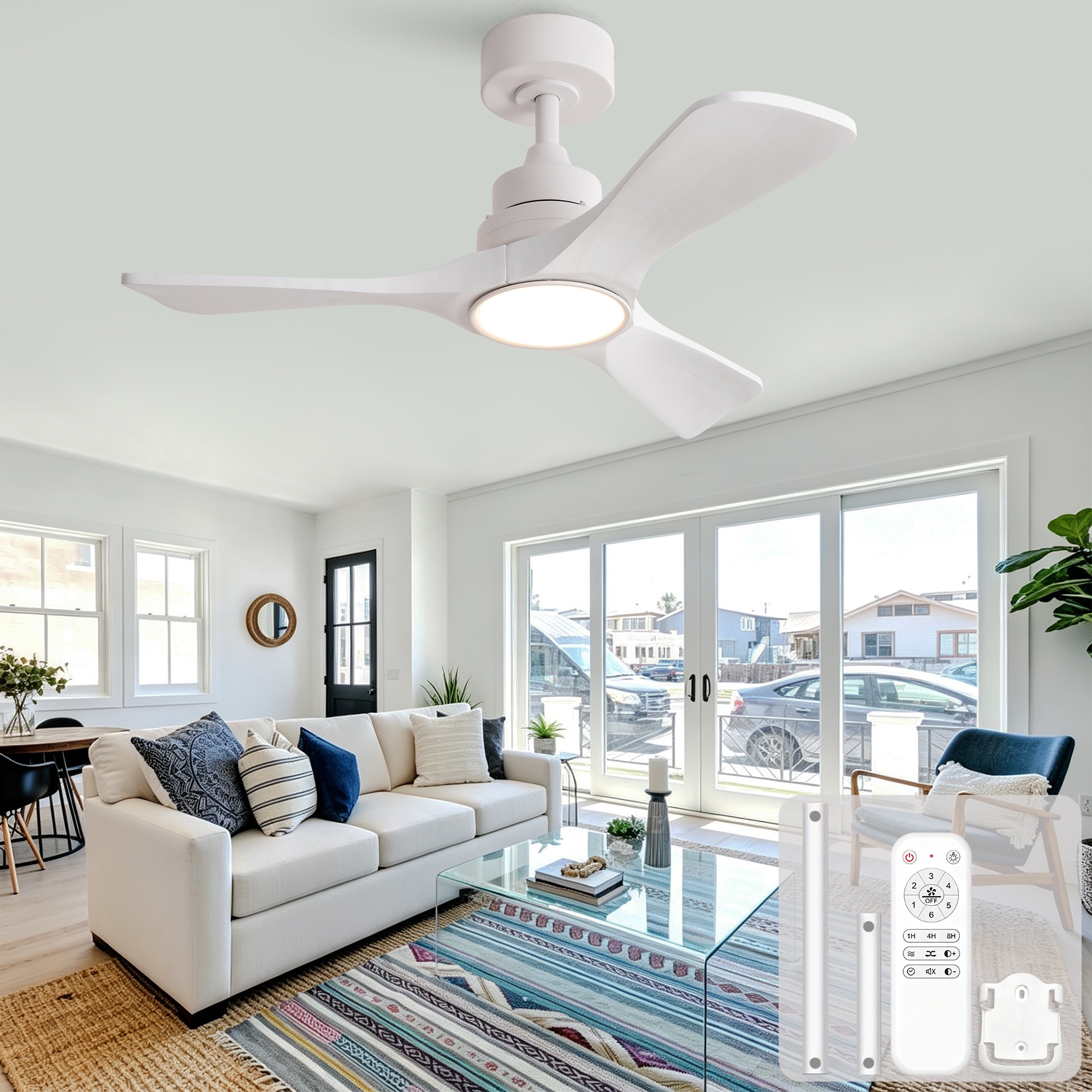 Deckenventilator Mit Led-beleuchtung, Kompakt Und Leise Mit Fernbedienung Für Schlafzimmer Und Wohnzimmer, 3 Massivholzflügel, 90 Cm, Weiß