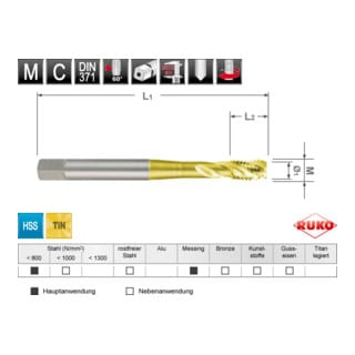 RUKO Maschinengewindebohrer M DIN 371 HSS-TiN M 8, Form C / 35° RSP