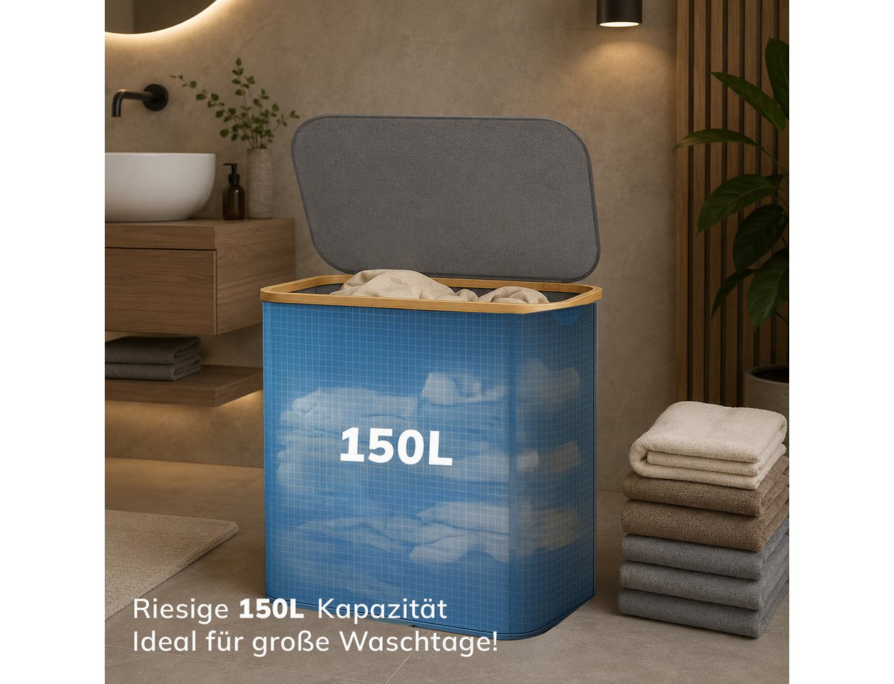 Roxlin Wäschekorb Xxl 150l Bambus Faltbar Deckel 2 Fächer Sortierer