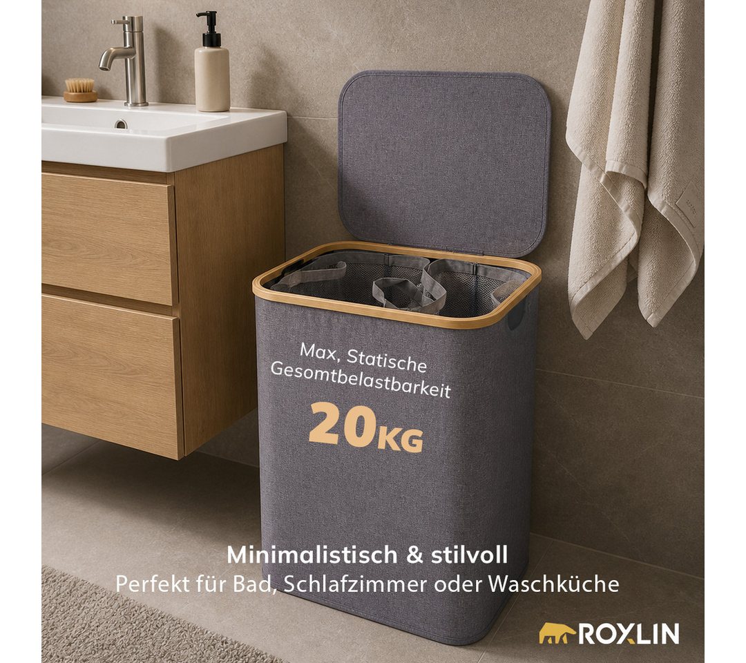 Roxlin Wäschekorb Xxl 150l Bambus Faltbar Deckel 2 Fächer Sortierer Bild 4
