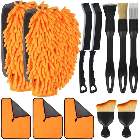 12-teiliges Autoreinigungsset – 3 Mikrofasertücher, 2 Waschhandschuhe, 7 Bürsten Für Die Fahrzeuginnenreinigung