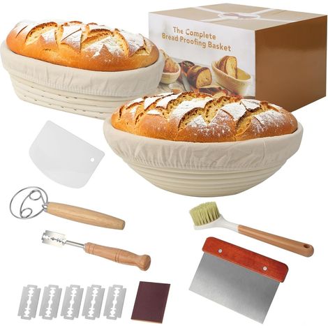 Rundes Brotkorb-set, 10 Stück, 23 Cm + 25 Cm Durchmesser, Ovaler Gärkorb Zum Brotbacken, Handgeflochten Aus Natürlichem Rattan, Inklusive Spatel Und Ölpinsel
