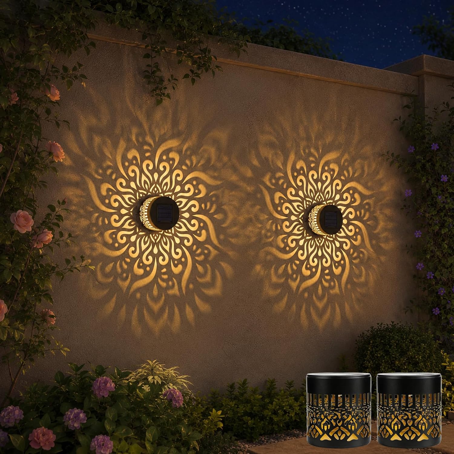 Set Mit 2 Solar-metallzaunleuchten, Solarbetrieben, Für Den Außenbereich, Wandleuchten Für Terrasse, Mandala-motiv, Wasserdicht, Zaunbeleuchtung Für Garten, Pfosten, Terrasse
