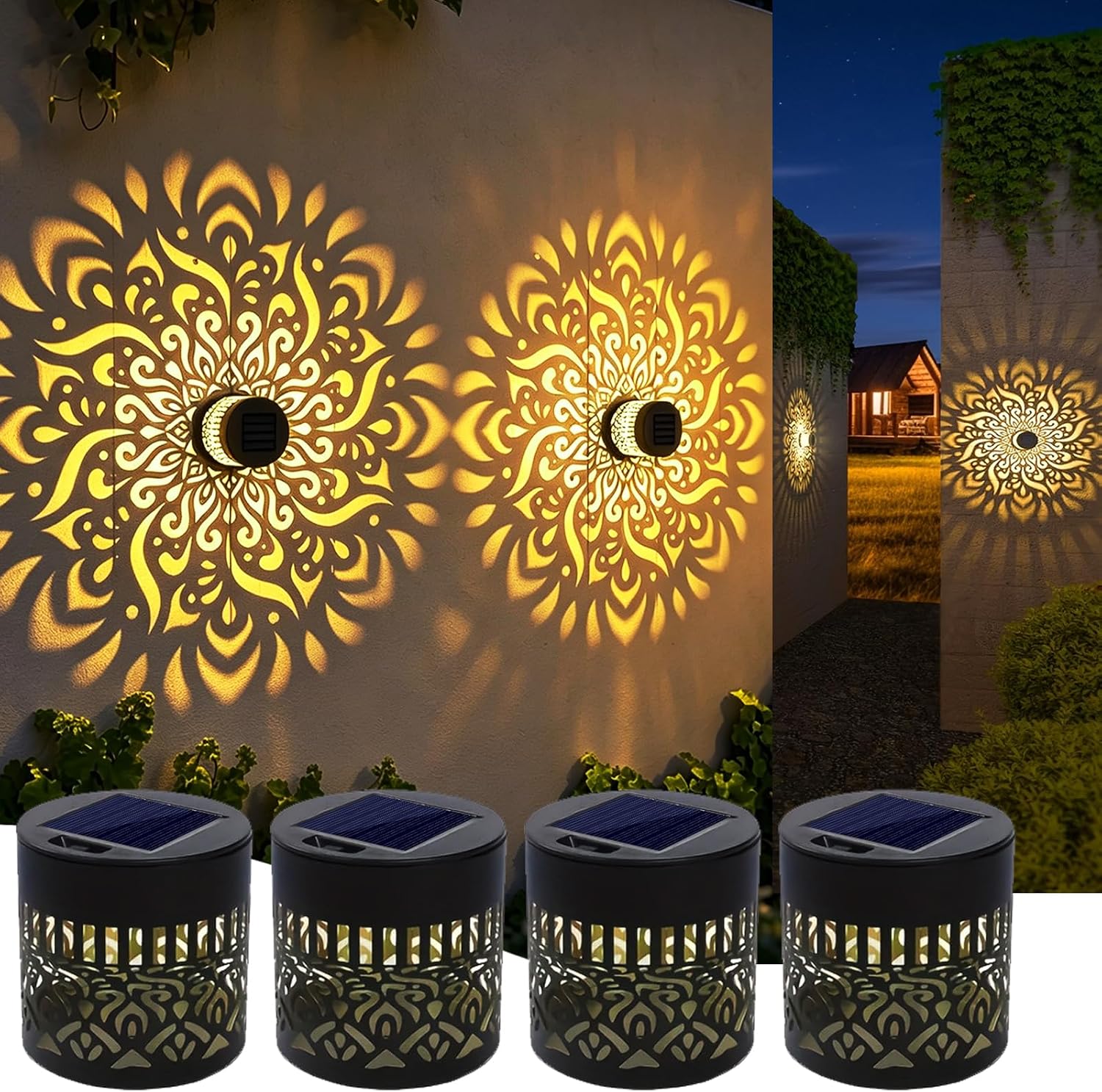 4er-set Solar-zaunleuchten, Metall, Solarbetrieben, Für Den Außenbereich, Mandala-motiv, Wasserdicht, Für Garten, Terrasse, Hof, Dekoration