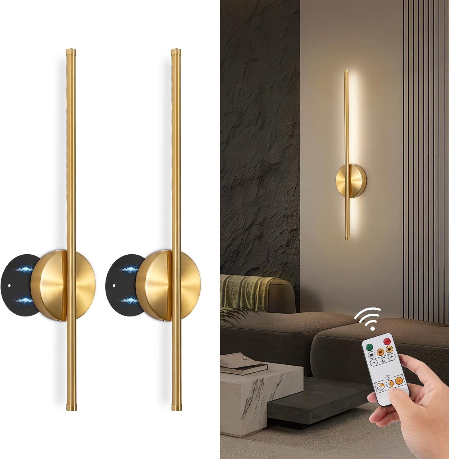 60 Cm Led-wandleuchten Für Den Innenbereich, Gold, 2er-set Kabellose Wandleuchte, 3 Farbtemperaturen, Batteriebetriebene Wandleuchte Mit Fernbedienung Für Schlaf- Und Wohnzimmer