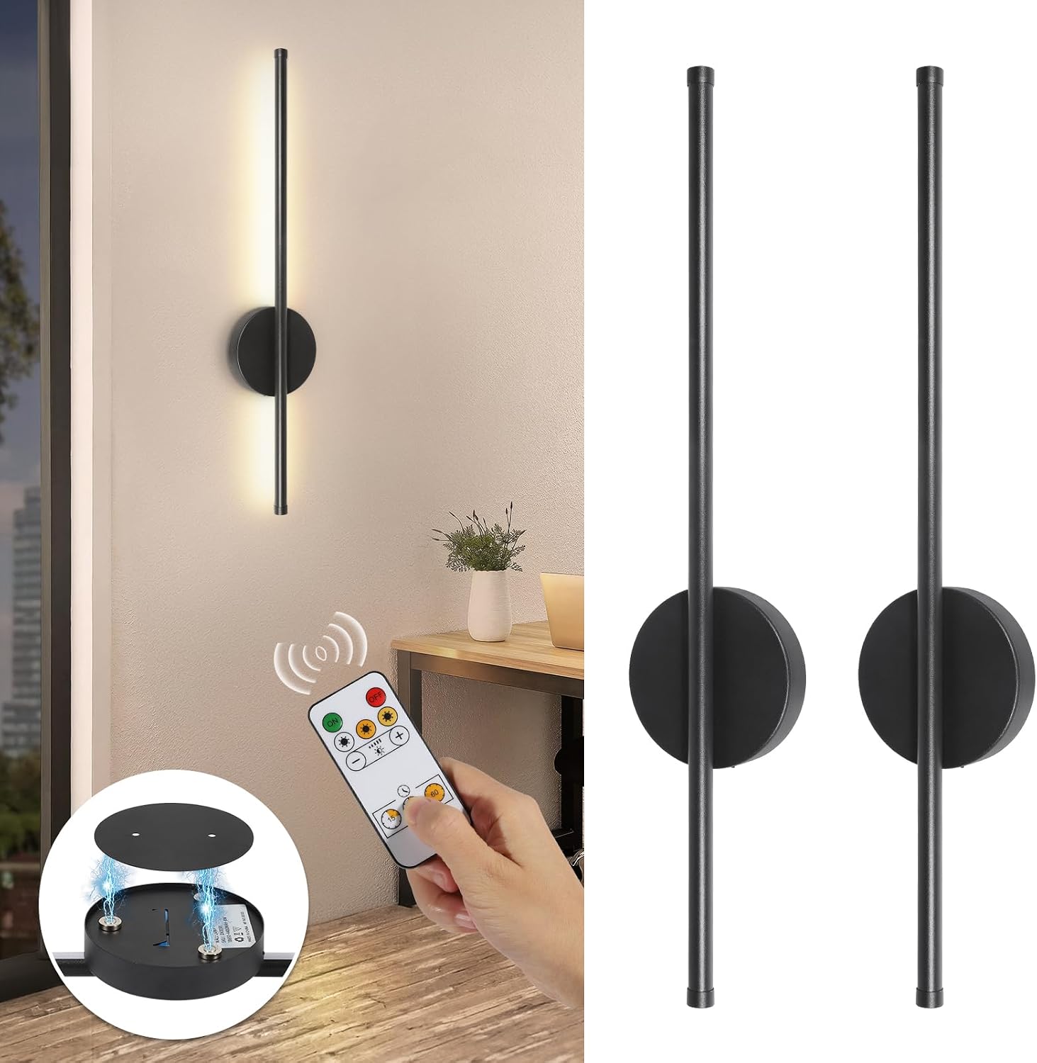 60 Cm Led-wandleuchten Für Den Innenbereich, Schwarz, 2er-set Kabellose Wandleuchte, 3 Farbtemperaturen, Batteriebetriebene Wandleuchte Mit Fernbedienung Für Schlaf- Und Wohnzimmer