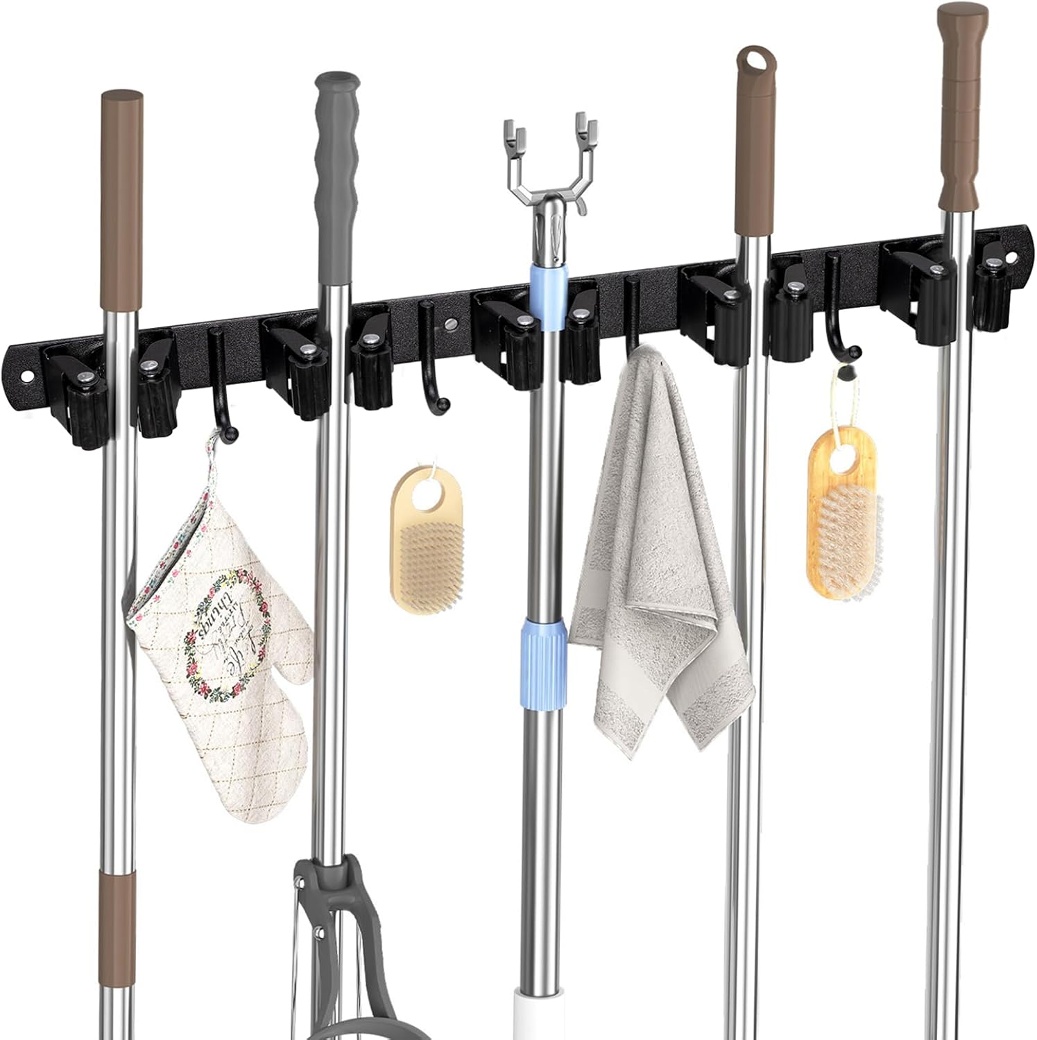 Carehabi Wandbesenhalter, 5 Wandbesenhalter Und 4 Haken, Schwarz, Besenhalter Mit Bohr- Oder Klebebefestigung (kein Bohren Erforderlich), Organizer Für Badezimmer, Garage, Gartengeräte, Küche