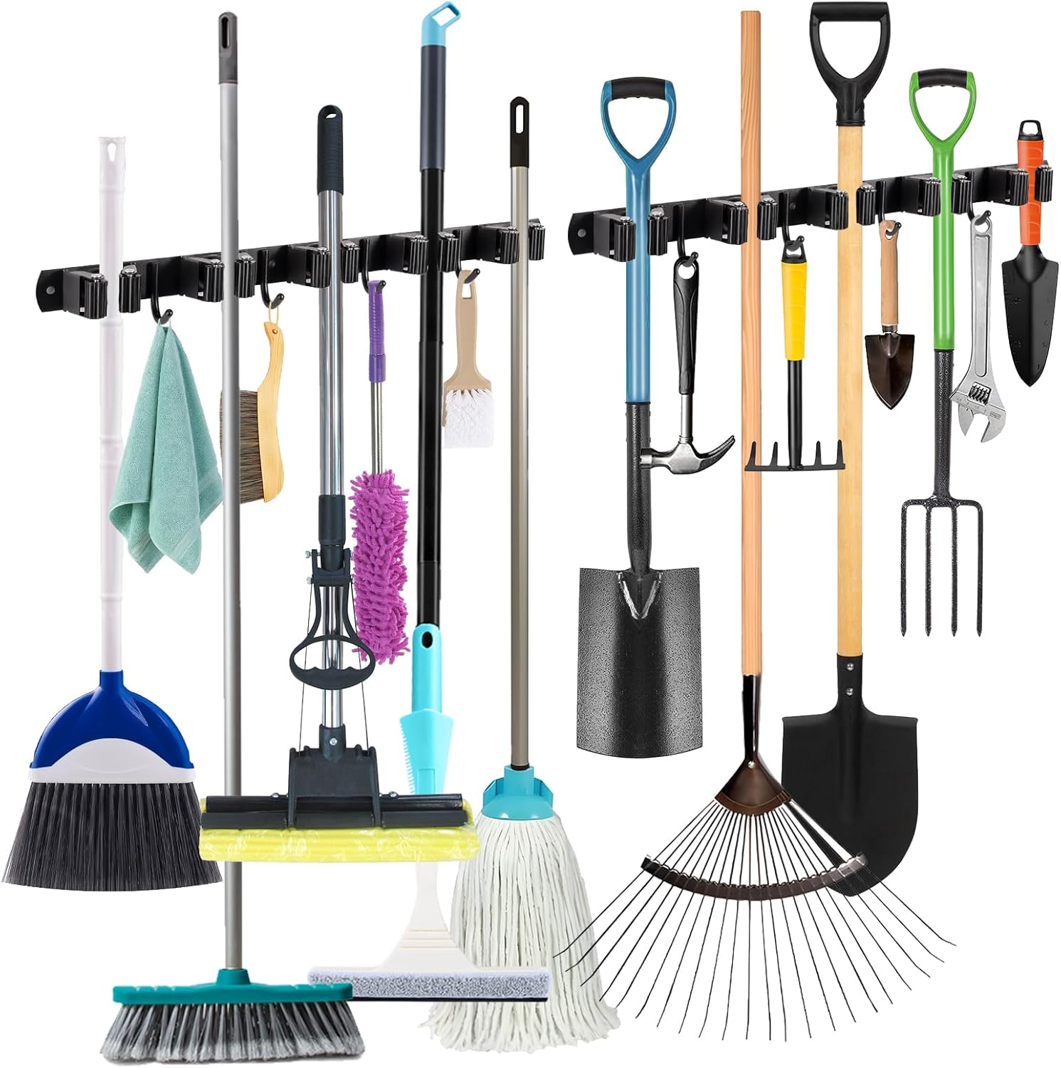 Carehabi 2-teiliger Wandbesenhalter, 5 Wandbesenhalter Und 4 Haken, Schwarz, Besenhalter Mit Bohr- Oder Klebebefestigung (kein Bohren Erforderlich) Für Badezimmer, Garage, Gartengeräte, Küche