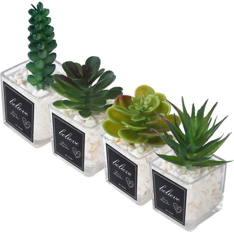 Set Mit 4 Künstlichen Pflanzen, Künstlichen Sukkulenten Mit Glastöpfen, Ideal Zur Dekoration Von Hochzeiten, Büros, Wohnzimmern Oder Badezimmern (grün)