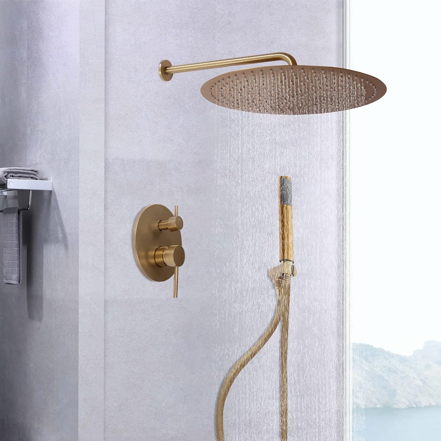 Unterputz Duscharmatur Set Gold 40cm Duschkopf Wandmontage Regendusche Komplettset Eckig Duschsystem Messing Duschset Mit Handbrause Für Haus Hotels