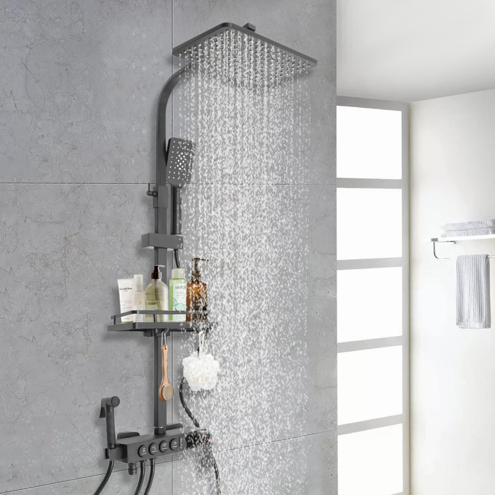 Duschset Brausegarnitur Digitalanzeige Duschset Duschsystem Mit Großer Regendusche, Handbrause Höheverstellbarer Duschstange Überkopfbrause Set (thermostat- 4modus-led Anzeige-schwarz)