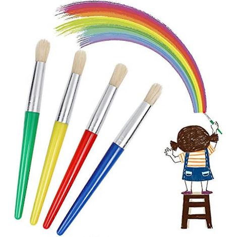 Set Mit 4 Kinderpinseln, Mit Flachen Spitzen, Kunststoffgriffen Und Schweineborsten, Verschiedene Farben.