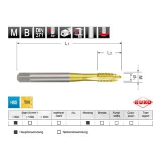RUKO Maschinengewindebohrer M DIN 371 HSS-TiN, Form B, M 5
