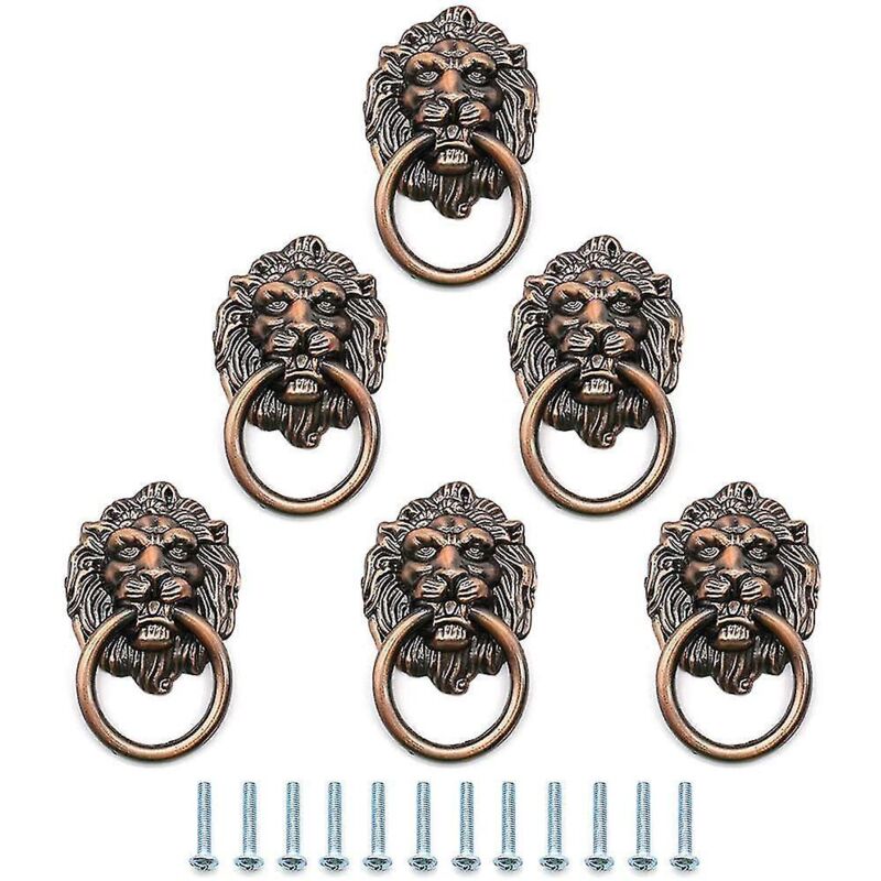 Set Aus 6 Antiken, Bronzenen, Löwenförmigen Schubladengriffen, Mit 6 Schrauben, Vintage-stil, Mit Ring.