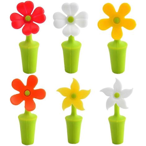 Set Mit 6 Silikon-flaschenverschlüssen Mit Blumenmuster Für Weinflaschen (zufällige Ausführung) – 9 X 4,5 X 2,3 Cm