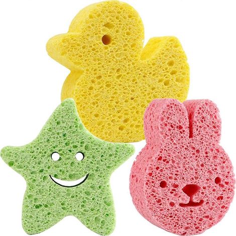 Set Mit 3 Baby-badeschwämmen Aus Zellstoff Mit Cartoon-motiven Für Kleinkinder Und Junge Kinder. – 9,50 X 6,70 X 2,50 Cm – Verschiedene Farben