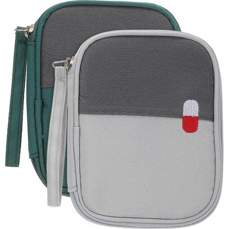 Set Mit 2 Mini-medikamentenaufbewahrungsbeuteln, Mini-reiseapotheken, Tragbare Mini-erste-hilfe-sets – 14 X 11 X 2 Cm – Grau/grün