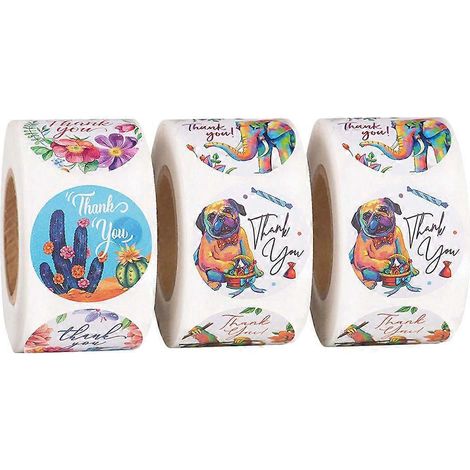 Set Mit 3 Rollen „danke“-aufklebern (25 Mm) Mit Tier- Und Blumenmotiven – 2,5 X 2,5 X 0,1 Cm