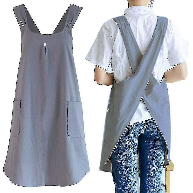 Japanische Leinen-gartenschürze Für Damen Mit Gekreuztem Rückenteil, Hübschen Taschen Zum Kochen, Malen, Gärtnern Und Putzen, Grau - Dunkelgrau.