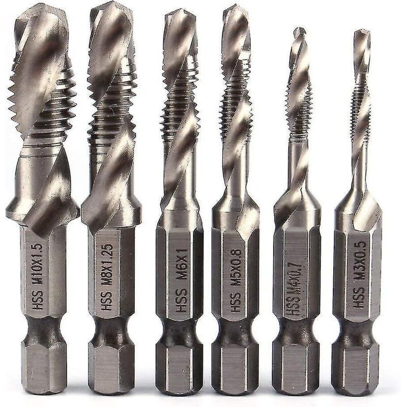 Set Mit 6 Hss-bohrern Mit 6,35 Mm (1/4") Sechskantschaft, Hss-kombinationsgewindebohrer M3-m10, Metrisches Gewinde, Für Holz, Eisen Und Aluminium, Silberfarben.