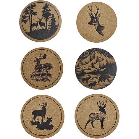 Set Mit 6 Holzuntersetzern Mit Hirschmotiv, 10 Cm Durchmesser, Die Auch Als Topfuntersetzer Oder Platzsets Verwendet Werden Können. Wohnaccessoires. – 10 X 10 X 1 Cm