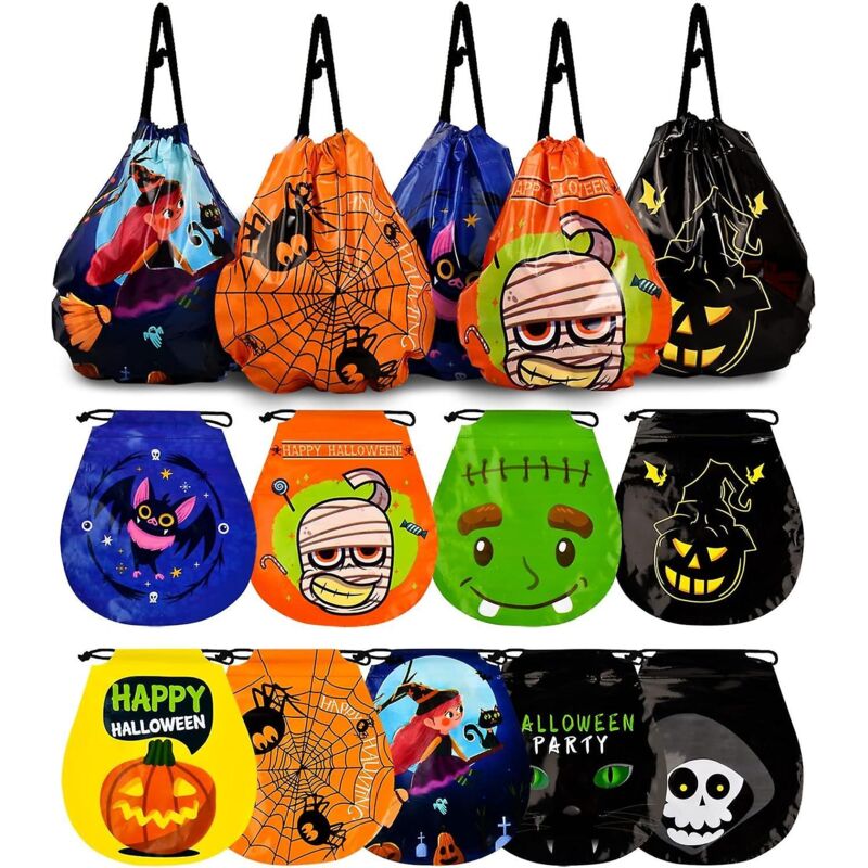 Packung Mit 27 Halloween-süßigkeitentüten (9 Verschiedene Designs), Plastikgeschenktüten Mit Kordelzug, Für Kinder Und Halloween-partys.