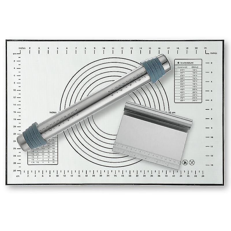 Edelstahl-nudelholz-set Mit Rutschfester Oberfläche, Silikon-backmatte, Schaber Und Verstellbaren Dickenringen
