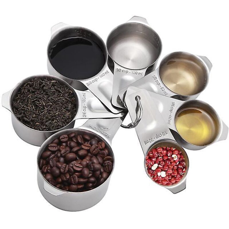 Set Aus 7 Messbechern Aus Edelstahl Mit Breitem Griff Für Trockene Und Flüssige Zutaten, Darunter 30 Ml, 60 Ml, 80 Ml, 120 Ml, 160 Ml, 180 Ml Und 240 Ml.
