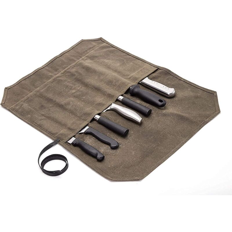 Messertasche Aus Khakifarbenem, Gewachstem Canvas Mit 7 Fächern