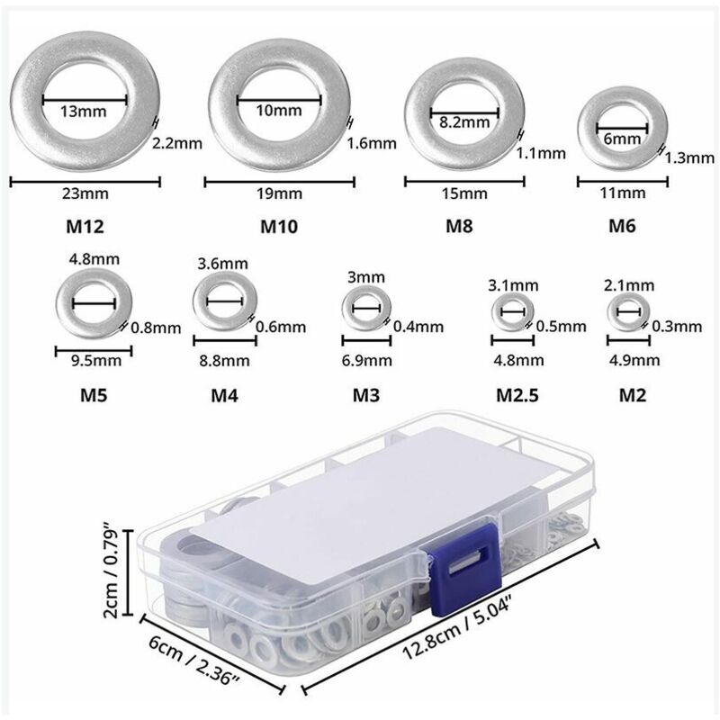 Sortiment An Edelstahl-unterlegscheiben Mit Aufbewahrungsbox – Packung Mit 580 Stück – 9 Größen: M2, M2,5, M3, M4, M5, M6, M8, M10 Und M12 – Metall-unterlegscheiben Für Reparaturen