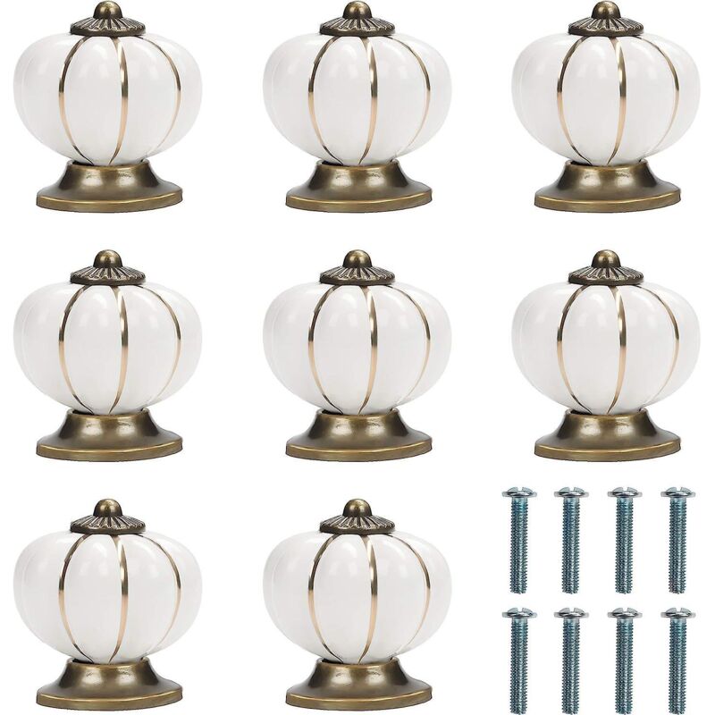 Set Mit 8 Runden Vintage-keramik-möbelknöpfen In Weiß Und Gold Mit Kürbisförmigen Schrauben – 3,8 X 4 Cm – Ideal Für Zuhause, Büro, Küchenschränke Und Schubladen