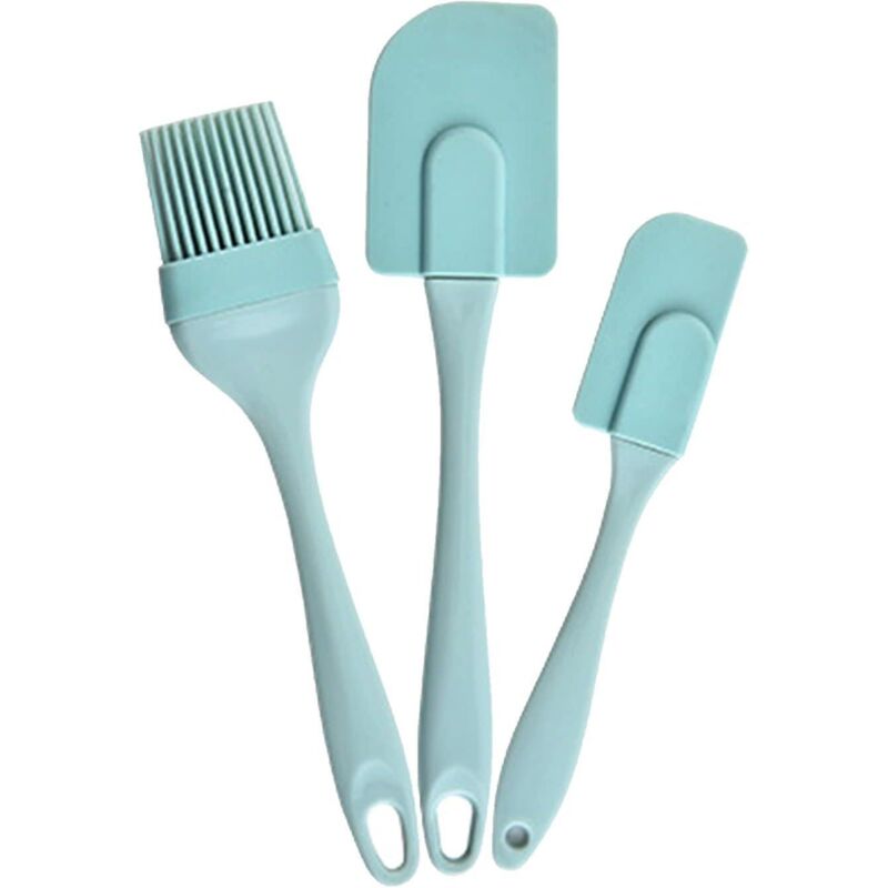 Set Aus 3 Himmelblauen Silikonutensilien, Bestehend Aus Einem Küchenspatel, Backpinseln Und Einem Hitzebeständigen Silikonspatel.