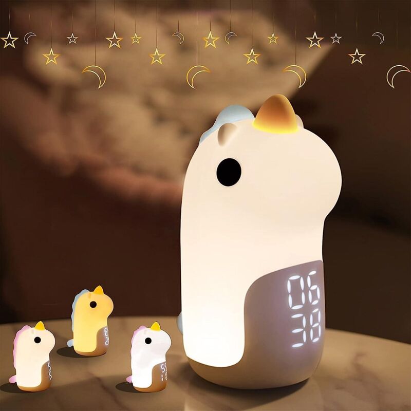 Wiederaufladbarer Led-einhorn-wecker Für Kinder Mit 3-farbigem Nachtlicht Und Schlummerfunktion