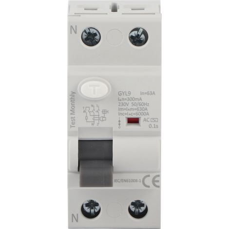 2-poliger Fehlerstromschutzschalter (fi-schalter) 63 A 300 Ma 230 V Ac – Ableitstromschutz – Schutzart Ip20 – 50/60 Hz