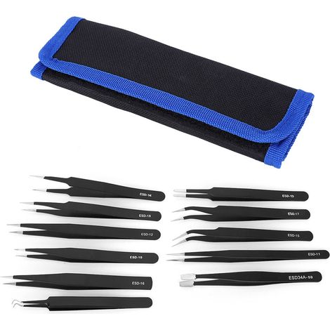 11-teiliges Präzisionspinzetten-set In Canvas-tasche, Edelstahl, Gerade Und Gebogen, Antistatisch, Esd-werkzeug