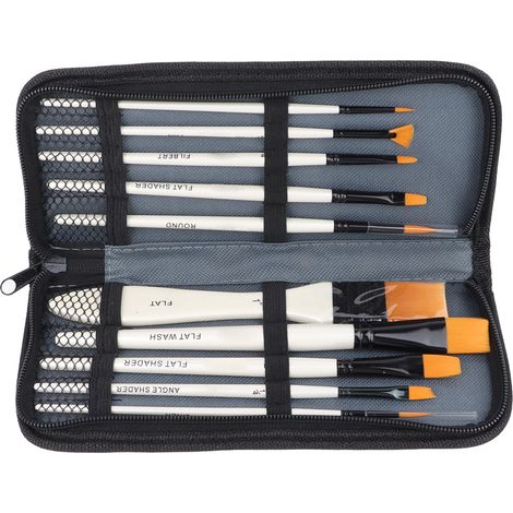 10 Goldene Nylonborstenpinsel Mit Holzgriffen Und Aluminiumzwingen Für Öl-, Acryl- Und Gouachemalerei – Set Mit Tasche