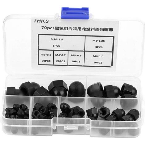70-teiliges Nylon-verschlussmuttern-set M3 M4 M5 M6 M8 M10, Schwarzer Sechskantkopf