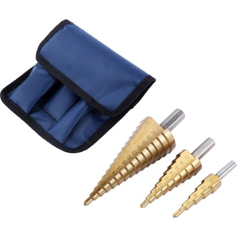 Set Mit 3 Hss-stufenbohrern Mit Großem Durchmesser Und Blauer Aufbewahrungstasche