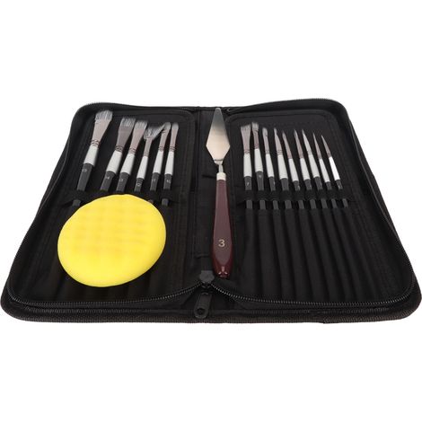 Set Mit 15 Pinseln Für Öl- Und Aquarellmalerei Mit Ergonomischem Griff, Schaber, Schwamm Und Tragetasche