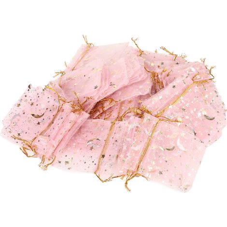 100 Stück Niedliche Rosa Organzabeutel Mit Stern- Und Mondmotiv Und Transparentem Kordelzug Für Weihnachts- Und Partygeschenke