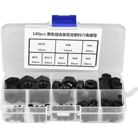 140 Stück Nylon-sechskantmuttern M2 Bis M10, Verschiedene Schwarze Kunststoffschrauben
