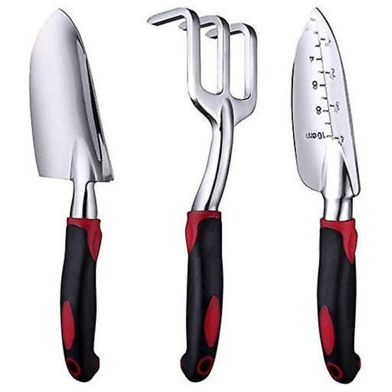 3-teiliges Gartengeräte-set Aus Aluminium, Bestehend Aus Einer Pflanzkelle, Einer Umpflanzkelle Und Einem Handrechen. Ergonomischer, Rutschfester Und Komfortabler Griff. Farbe: Kirschrot.