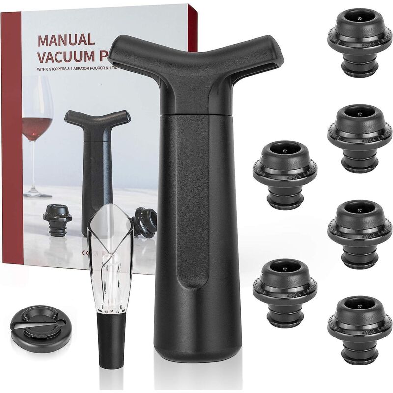 Weinstopper-set Mit Vakuumpumpe, 6 Stoppern, Ausgießer Und Messer Aus Aluminium Und Silikon, Ideal Als Geschenk Für Wein- Und Champagnerliebhaber.