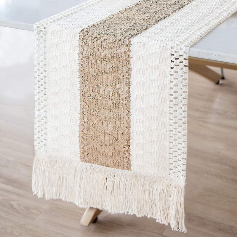 Tischläufer Aus Makramee, Tischläufer Aus Natürlichem Jute, Tischläufer Aus Baumwolle Im Boho-patchwork-stil Mit Tasse